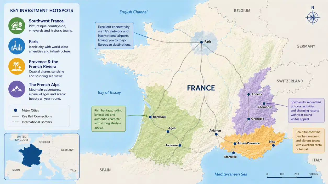 Map of France highlighting key property investment hotspots for international buyers, including Southwest France, Paris, the French Alps, and Provence and the French Riviera.